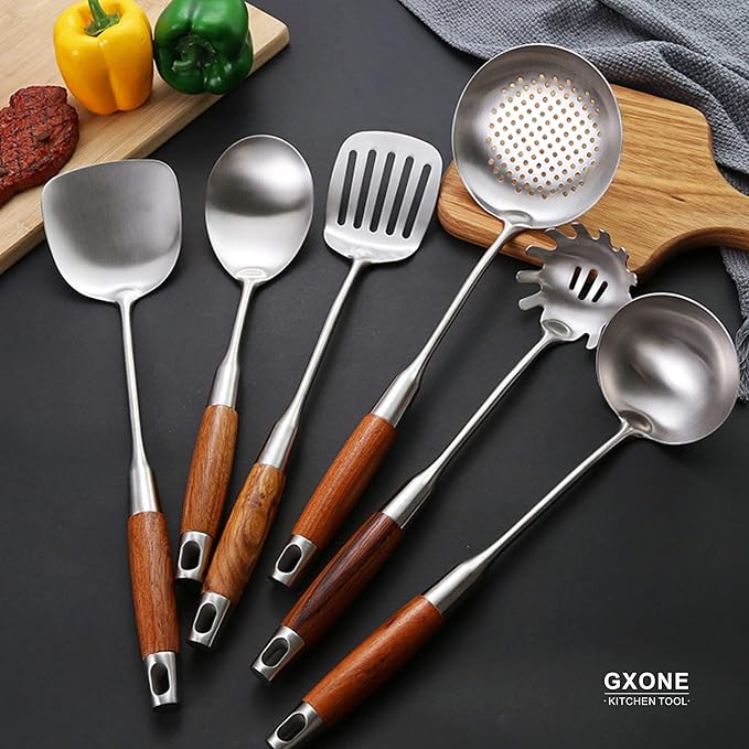 Slotted Spoon,304 Stainless Steel Skimmer Spoon with Heat Resistant Wooden Handle,Silver/15.8Inch