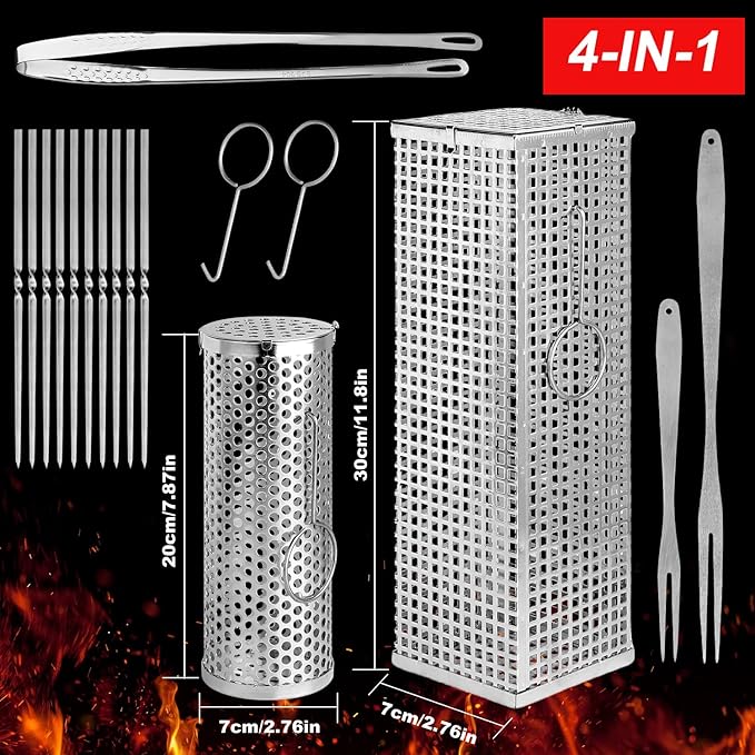 BBQ Net Tube - 2 Pack Rolling BBQ Basket, Quadratisches Verdicktes Design, Rolling BBQ Basket für Outdoor BBQ, rundes Edelstahl BBQ Netz, Camping Grill für Gemüse, Chips und Fisch