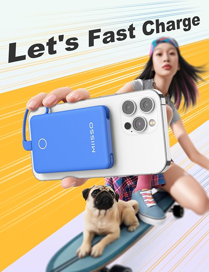 6000mah Ultra Slim Built in Cables Power Bank, Card Size Built in USB C Cords Battery Pack Portable Charger for Phones, 3 Output External Battery Pack Compatible with iPhone, Samsung, Deep Blue