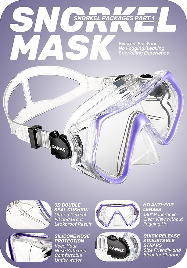 CAPAS Snorkel Mask Fins Set, Travel Size Snorkeling Gear for Adults with Adjustable Fins, Diving Mask and Dry Top Snorkel, Come with a Carrying Bag