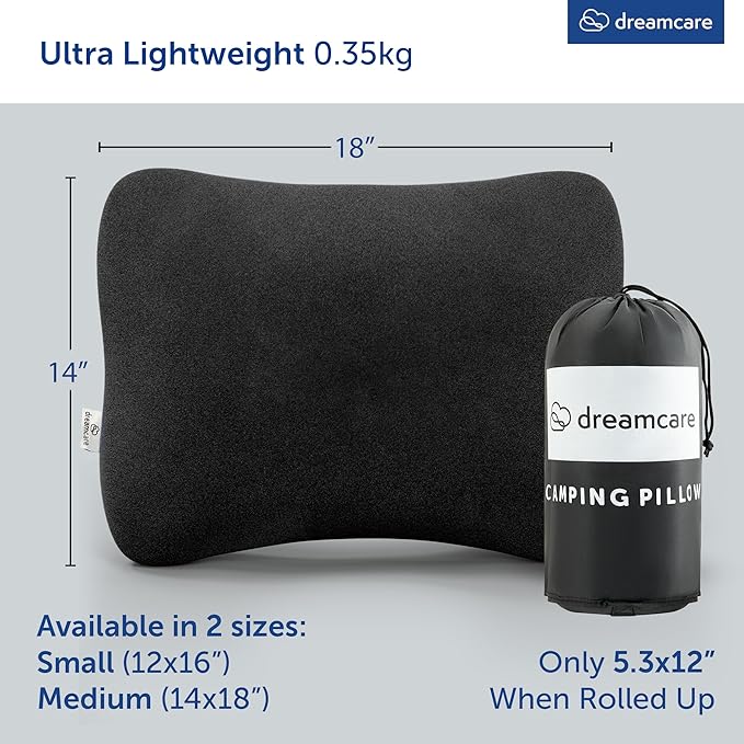 DREAMCARE Camping Pillow, Memory Foam Travel Pillow, Camping Accessories - Small Pillow Camping Essentials Camping Pillows for Sleeping, Backpacking Pillow, Travel Pillows for Sleeping (Medium,Black)
