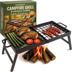 Carbon Steel Foldable Campfire Grill – Portable Grill Grate & Griddle with Large Non-Stick Surface, Sturdy Fold-Out Legs, Compact for Storage, Use Over Fire Pit