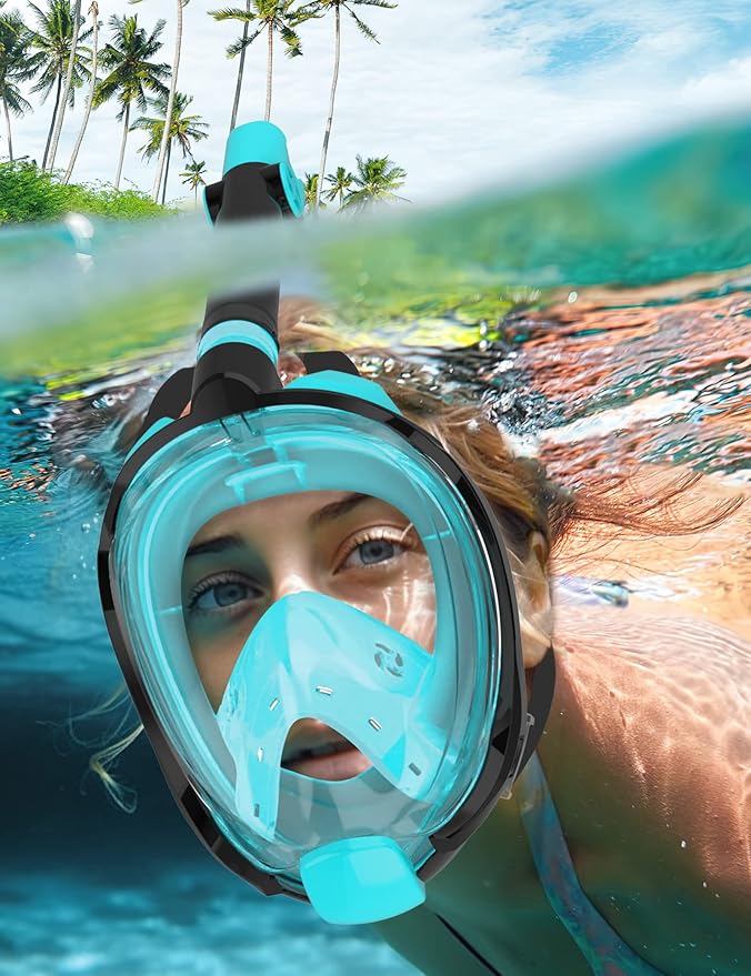 W WSTOO Full Face Snorkel Mask Adults,Suitable for Beginners Dry Top Snorkeling Gear,Can Your Mouth or Nose to Breathe,180 Degrees Panoramic View,Anti-Fog Anti-Leak,Summer Travel and Vacationing Gifts