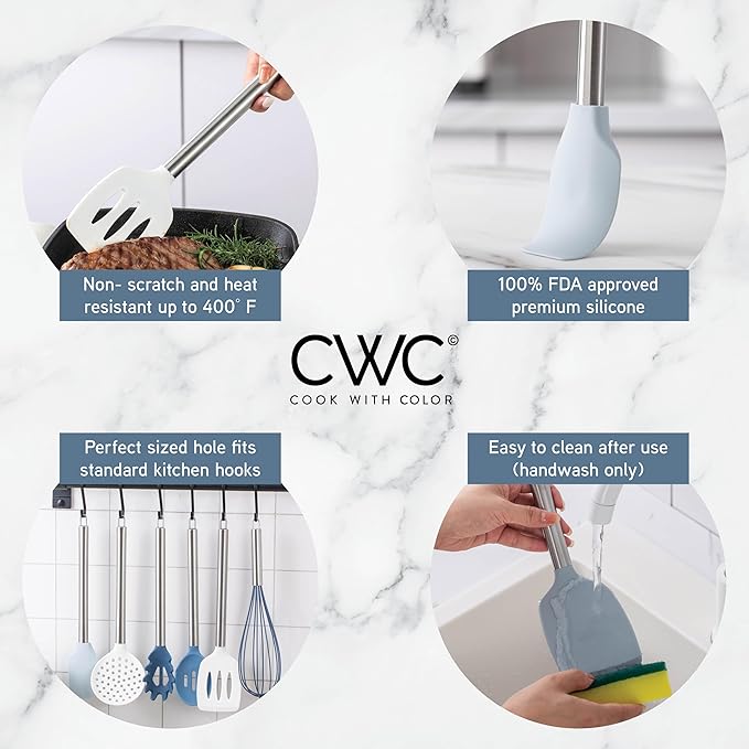 COOK WITH COLOR Silicone Cooking Utensils, Kitchen Utensil Set, Easy to Clean Silicone Kitchen Utensils, Cooking Utensils for Nonstick Cookware, Kitchen Gadgets Set, 38 Piece, Blue and White