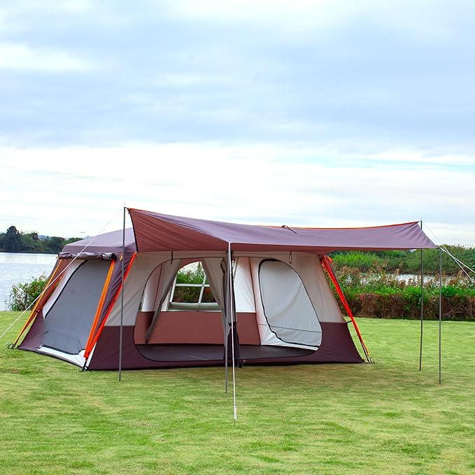 KTT Extra Large Tent 12 Person,Awning Family Cabin Tents,2 Rooms,3 Doors and 3 Windows with Mesh,Straight Wall,Waterproof,Double Layer,Big Tent for Outdoor,Picnic,Camping,Family Gathering