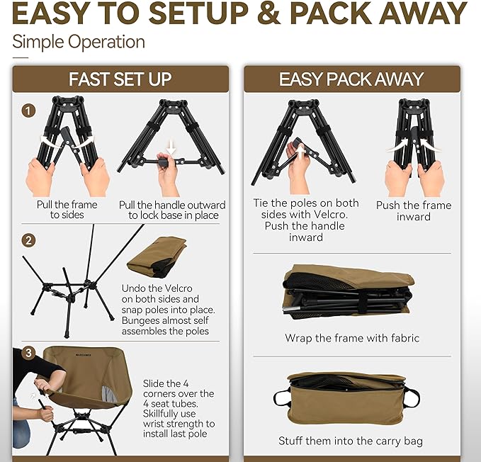MARCHWAY Lightweight Folding Camping Chair with Spring Lock, Stable Compact Portable for Outdoor Camp, Travel, Beach, Picnic, Festival, Hiking, Backpacking (Lowback Khaki)