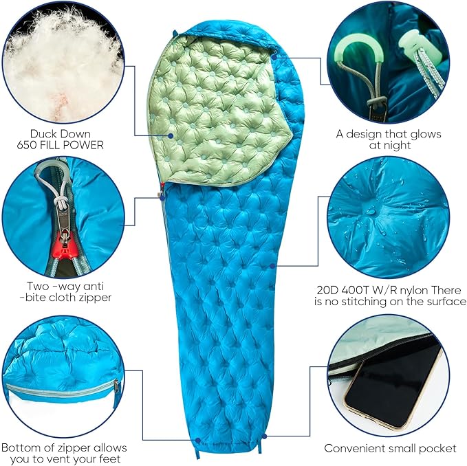 Ultralight Down Sleeping Bag for Adults, 1.92lbs 32-55F 650 Fill Down, Lightweight Compact Mummy Backpacking Sleeping Bag for Outdoor Camping and Hiking, Compressible -MFH500