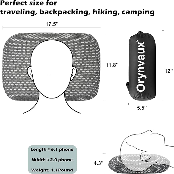 Memory Foam Camping Pillow - Lightweight & Portable Small Travel Pillow for Airplane & Train Travel, Camping, Backpacking, Removable Washable Cover, Easy to Clean, Includes Storage Bag