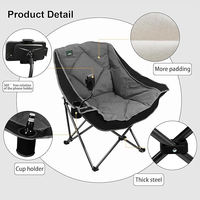 Northroad Oversized Foldable Camping Chair with Cell Phone Holder,Outdoor Padded Lawn Chair w/Cup Holder,Carry Bag for Beach, Hiking, and Picnics,Heavy-Duty 300-lbs Capacity, Black