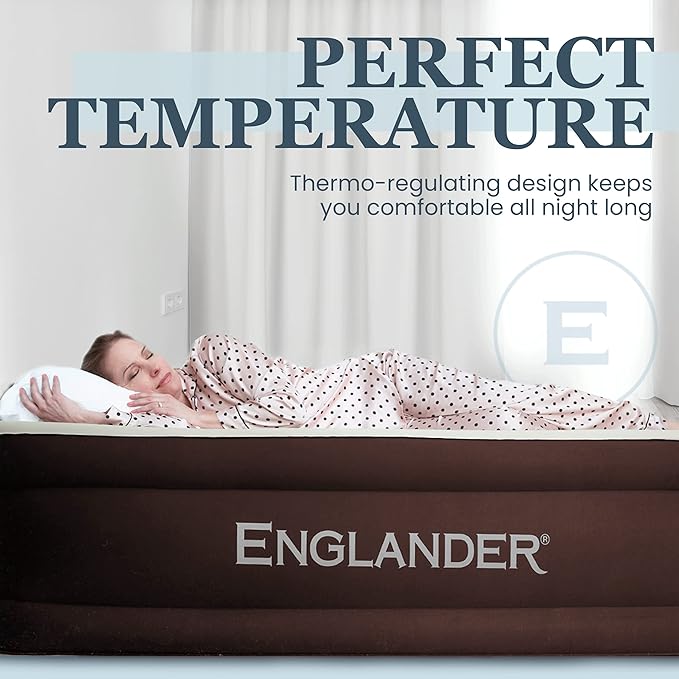 Englander First Ever Microfiber Air Mattress, Microfiber Airbed with Built in Pump Queen Brown/Cream Top