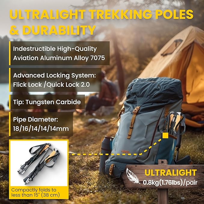 TREDO Premium Collapsible Trekking Poles - Ultralight Aluminum & Carbon Fiber - Adjustable Folding Hiking Poles - Lightweight for Men & Women - Comfortable Cork/EVA Grips - 2pc Set