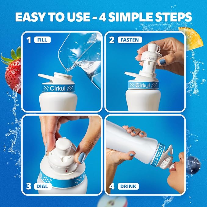 Cirkul 32oz. Chameleon Stainless Steel Water Bottle Starter Kit with Green Lid, 2 Flavor Cartridges (1 LifeSip Blackberry Blueberry, 1 GoSip Berry Blue Punch) No Sugar, Zero Calorie Drink Mix