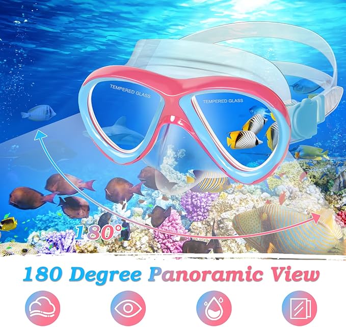 Snorkeling Gear for Kids Ages 5-15, 4 in 1 Mask Fins Snorkel Set with HD Tempered Glass Panoramic View Anti-Fog Mask, Dry Top Snorkel, Adjustable Trek Fins, and Mesh Bag, Kids Snorkel Set for Youth