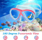 Snorkeling Gear for Kids Ages 5-15, 4 in 1 Mask Fins Snorkel Set with HD Tempered Glass Panoramic View Anti-Fog Mask, Dry Top Snorkel, Adjustable Trek Fins, and Mesh Bag, Kids Snorkel Set for Youth
