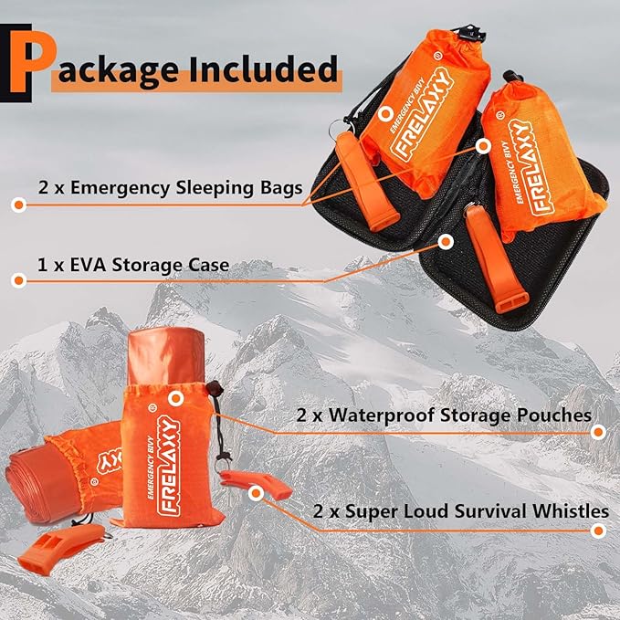Frelaxy Emergency Sleeping Bag 1-Pack/2-Pack, Extra-Thick Compact Survival Bivy with Whistle, Storage Pouch, and EVA case, Perfect for Survival Kits (Orange - 2 Pack)