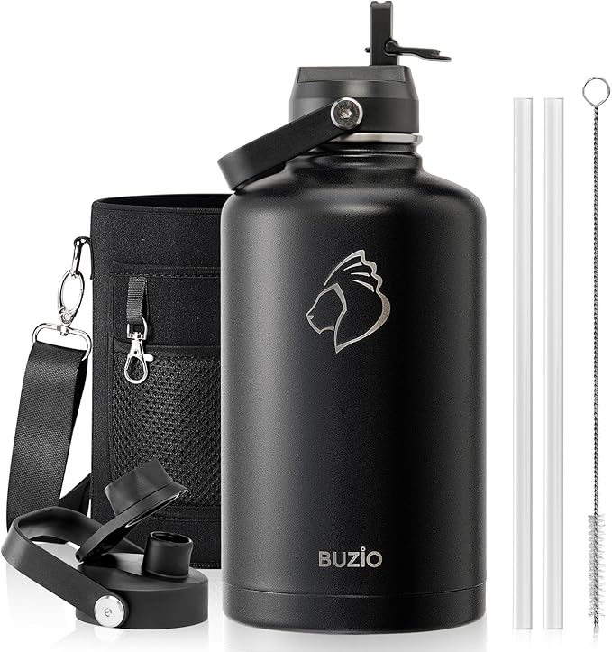 BUZIO Vacuum Insulated Stainless Steel Water Bottle 87oz (Cold for 48 Hrs/Hot for 24 Hrs) Half Gallon BPA Free Double Wall Travel Mug/Flask for Outdoor Sports Hiking, Camping, Running, Black