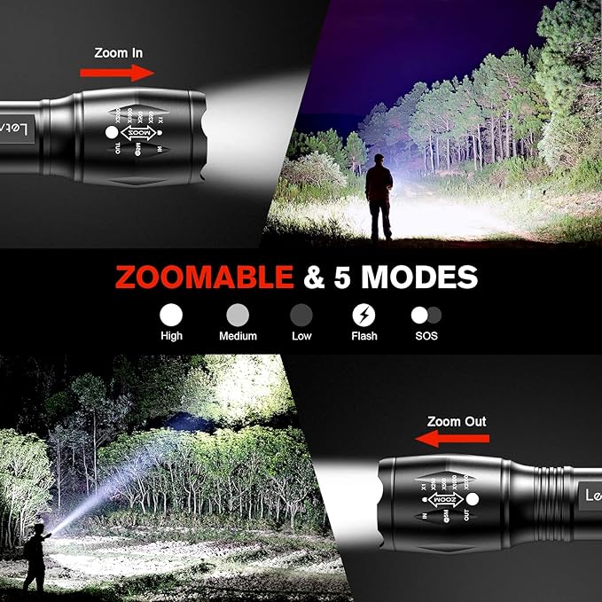 LETMY LED Tactical Flashlight S2000 [4 Pack] - High Lumens, Zoomable, 5 Modes, Waterproof Handheld LED Flashlight - Best Camping, Outdoor, Emergency, Everyday Flashlights