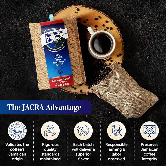 PREMIUM PLANTATION BLUE TRADITION CLASS EXPERIENCE 100% Blue Mountain Coffee, Dark Roast, Ground, Jamaican Coffee (8oz)