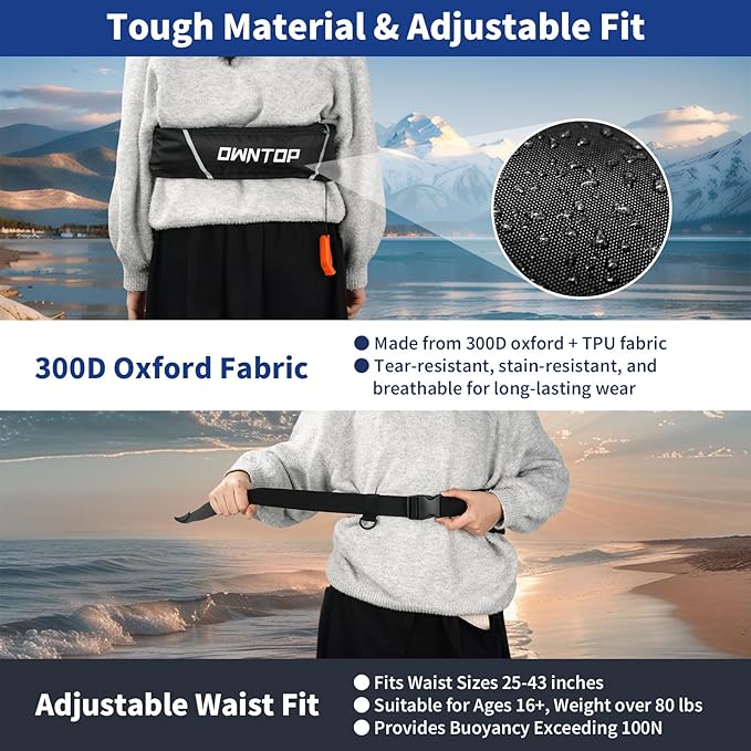 Owntop Manual Inflatable Belt Pack, Adults Swim Jacket with Blowpipe & Whistle, 24g CO2 Cylinder Included, Low Profile for Kayaking, Fishing, Paddle Sports