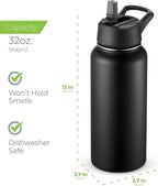 SipX™ Triple-Insulated Stainless Steel Water Bottle 32oz. With 3 Lids, BPA-Free Reusable Insulated Water Bottle Keeps Cold 24 Hours, Metal Water Bottle Made Of Sustainable Material For Hiking & Biking