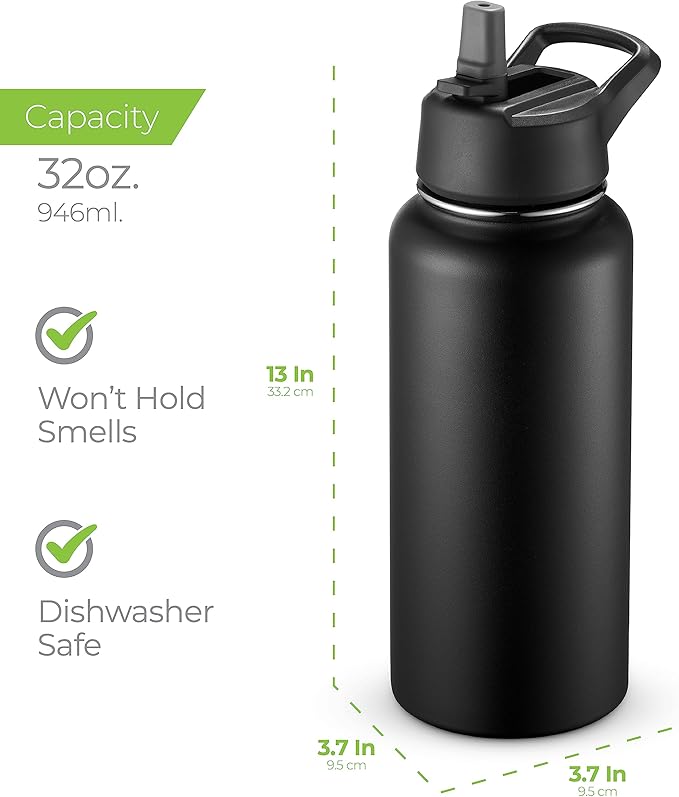 SipX™ Triple-Insulated Stainless Steel Water Bottle 32oz. With 3 Lids, BPA-Free Reusable Insulated Water Bottle Keeps Cold 24 Hours, Metal Water Bottle Made Of Sustainable Material For Hiking & Biking