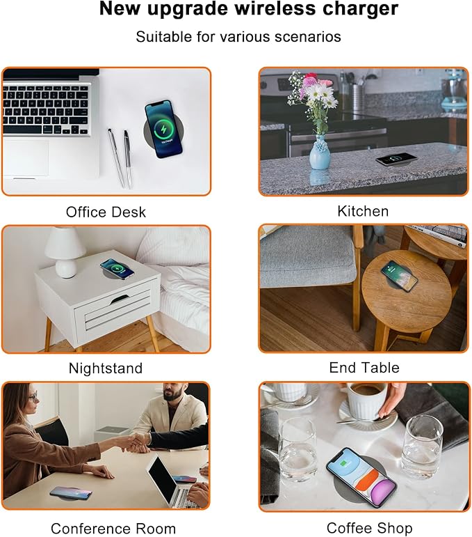 1.57"(40mm) NiiTTER Invisible Wireless Charger, Under Desk Wireless Charger, Under Counter Charging for iPhone 17/16/15/14/13/12/ Samsung Galaxy S25/S24/S23/S22/S21(Adapter Included)