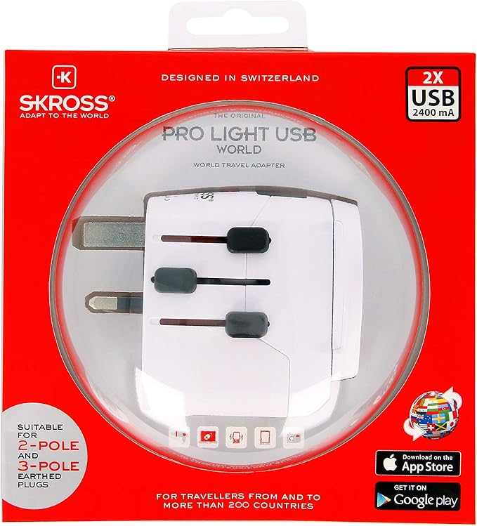 SKROSS Pro Light World Travel Adapter with USB | 3-Pole Travel Adaptor with Slide System | Designed for 200+ Countries | Compact and Reliable | White