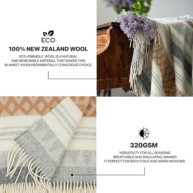 New Zealand Virgin Wool Throw Blanket, Indoor and Outdoor Blankets and Throws, Soft Blanket with Fringes and Pattern