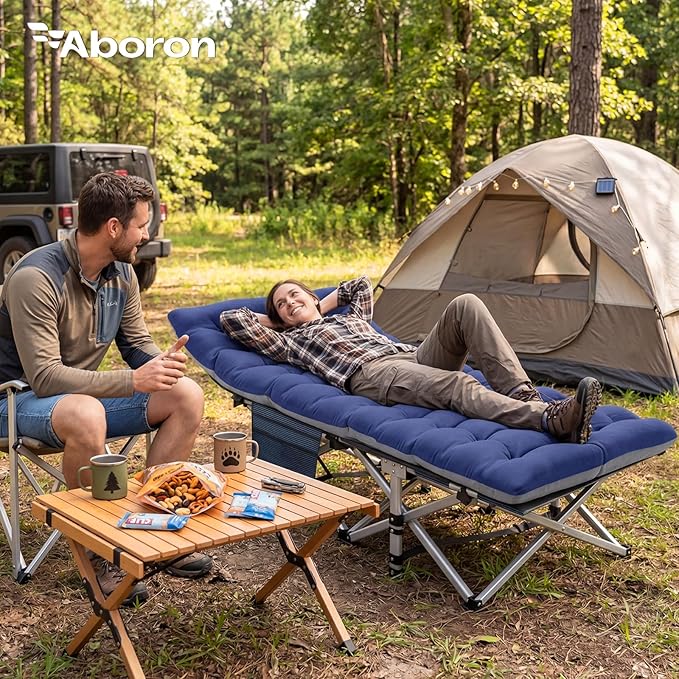 ABORON Camping Cot for Adult 28" Extra Wide, Heavy-Duty 1200D Oxford Cot for Sleeping, Portable Folding Camp Bed with Mat & Carry Bag