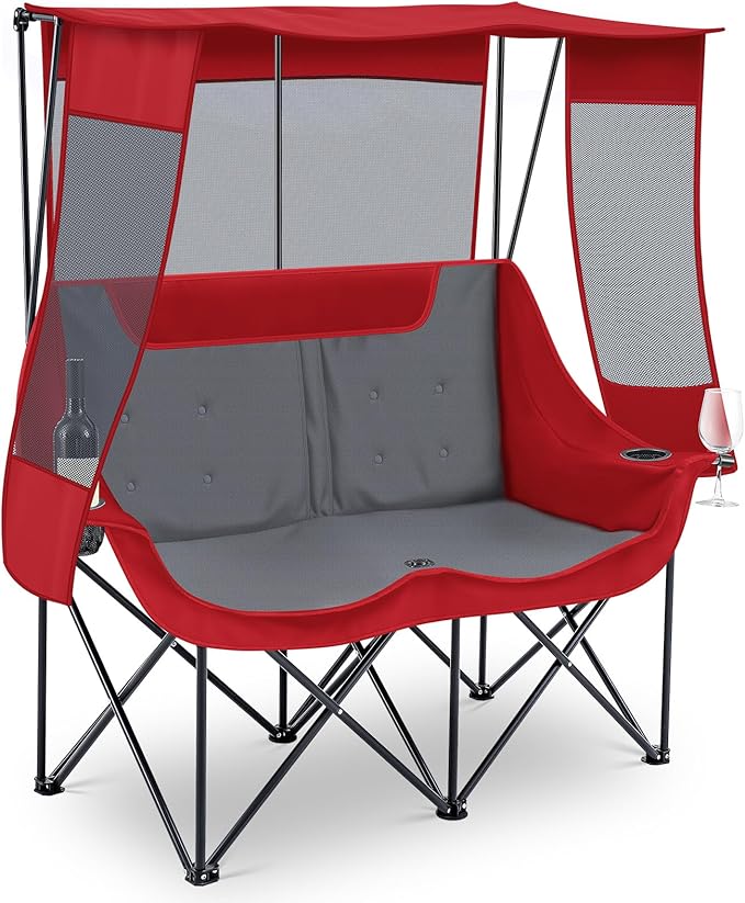 Double Camping Chair with Canopy Shade Oversized 2 Person Camping Sofa Fully Padded Folding Loveseat with Cup Hold and Storage Bag Sturdy for Lawn Beach Fall Outdoor Activities(Dark Red)