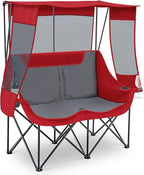 Double Camping Chair with Canopy Shade Oversized 2 Person Camping Sofa Fully Padded Folding Loveseat with Cup Hold and Storage Bag Sturdy for Lawn Beach Fall Outdoor Activities(Dark Red)