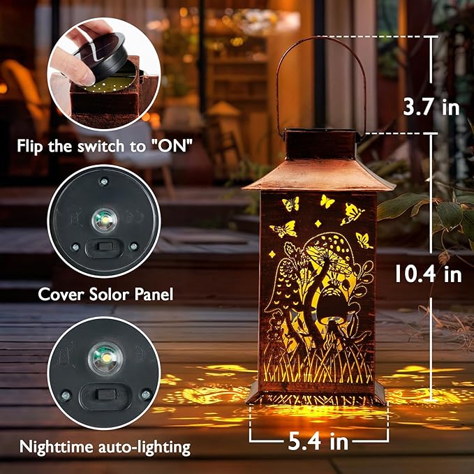 Homemory Mushroom Solar Lanterns Waterproof, Metal Hanging Hollowed-Out Metal Decor Lantern, LED Outdoor Decoration for Outside LED Lanternse for Yard, Backyard, Porch, Lawn