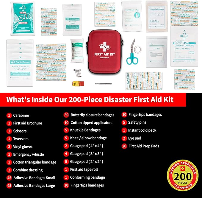 Protect Life Survival First Aid Kit for Home/Business, Camping Survival Kits | Mini Travel First Aid Kit | Camping Equipment | Small Kits for Car | Outdoor Emergency Survivals Pack - 200pcs