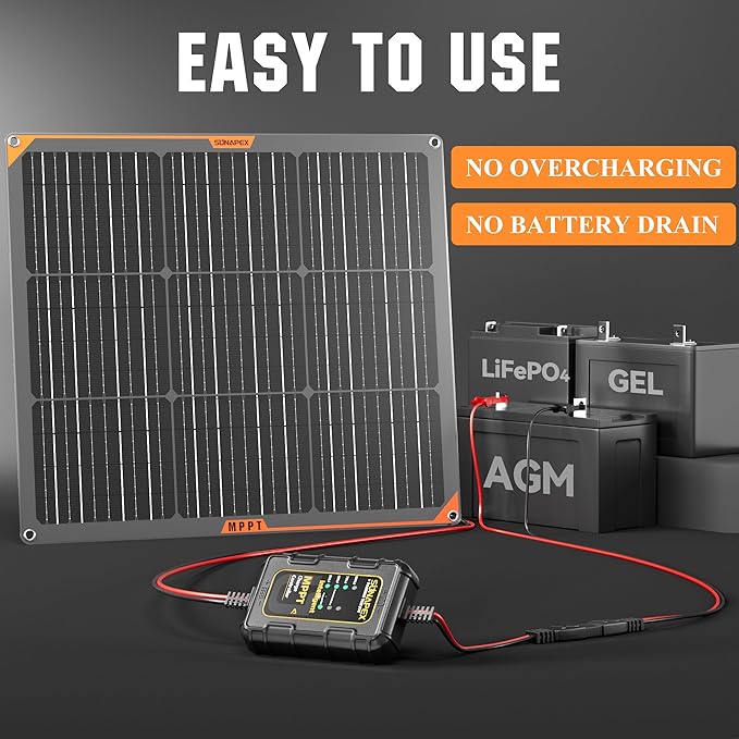 SUNAPEX 50W Flexible Solar Panel with MPPT Charge Controller, Solar Battery Charger Maintainer, 12V Waterproof Solar Trickle Charger for Car, Motorcycle, Boat, Marine, RV, Trailer, Tractor,Truck, etc