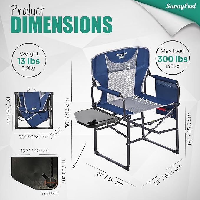 SUNNYFEEL Camping Directors Chair, Heavy Duty,Oversized Portable Folding Chair with Side Table, Pocket for Beach, Fishing,Trip,Picnic,Lawn,Concert Outdoor Foldable Camp Chairs