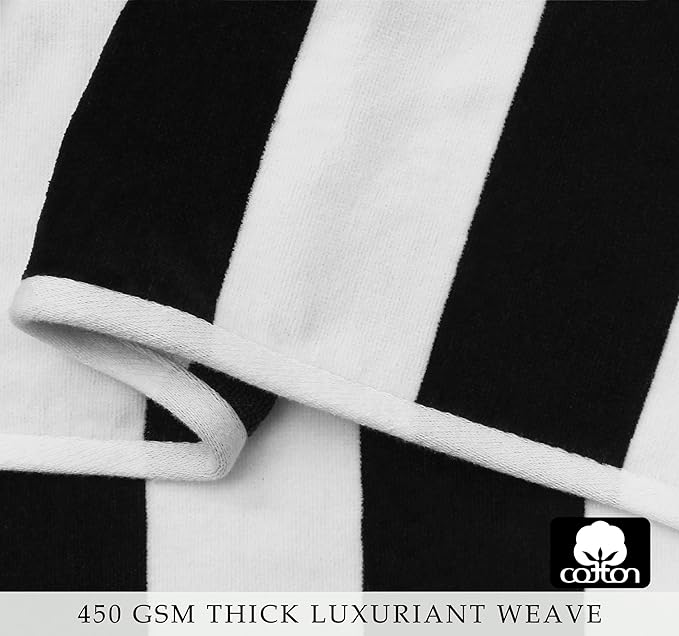 COTTON CRAFT Hooded Beach Towel – Oversized 39 x 68 Towel with Hood for Adults - 100% Ringspun Cotton Velour Terry Towel - 450 GSM Super Soft Plush Absorbent Quick Dry Bath Wrap – Cabana Stripe Black