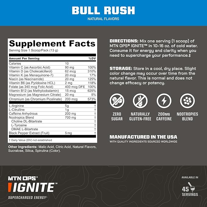 MTN OPS Ignite Energy Drink Powder, Gluten Free Nootropic Supplement Drink Mix, L Arginine, L Citrulline, Caffeine & Nootropic Sugar Free Drink Mix, 45 Servings, Bull Rush