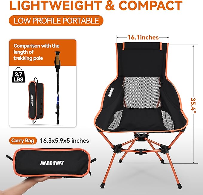 MARCHWAY Lightweight Folding High Back Camping Chair with Head Support, Stable Portable Compact for Outdoor Camp, Travel, Beach, Picnic, Festival, Hiking, Backpacking (Highback Orange)