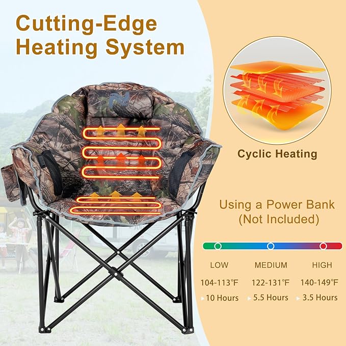 Slsy Heated Camping Chair Oversized, Outdoor Portable Heated Folding Chair, Heavy Duty 500 lbs Support, Padded Seat for Outdoor Sports, Camping, Patio, and Picnics