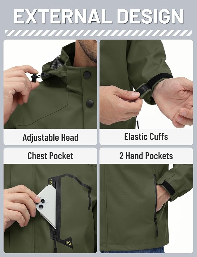 TACVASEN Men's Rain Jacket Lightweight Windbreaker with Hooded Water Resistant Outdoor Raincoat for Hiking Travel Camping