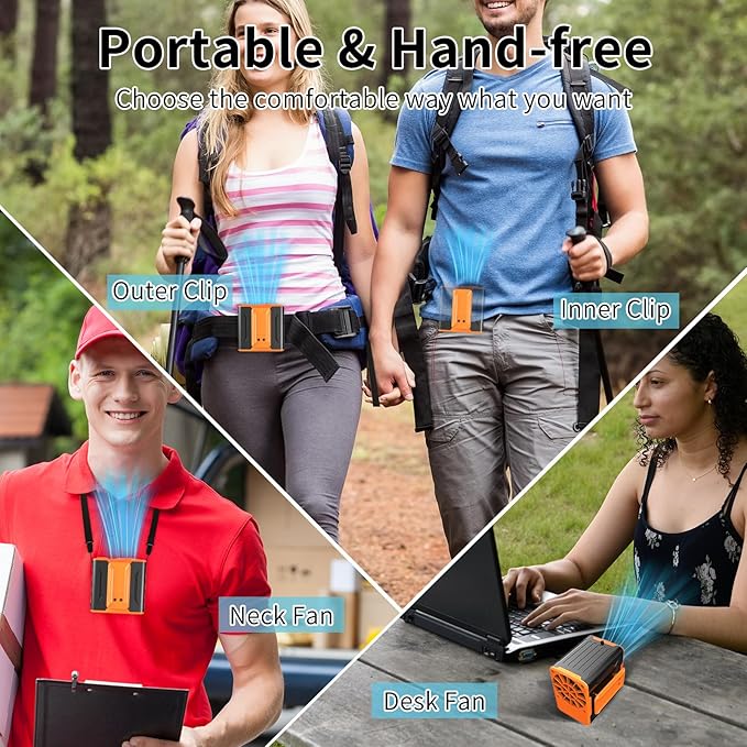 Portable Waist Fan, Personal Clip on Belt Fan Wearable, 4 Speed 10000RPM Strong Airflow Hands Free Neck Fan for Camping, Outdoor, Jobsite, Travelling - Max 24H Runtime