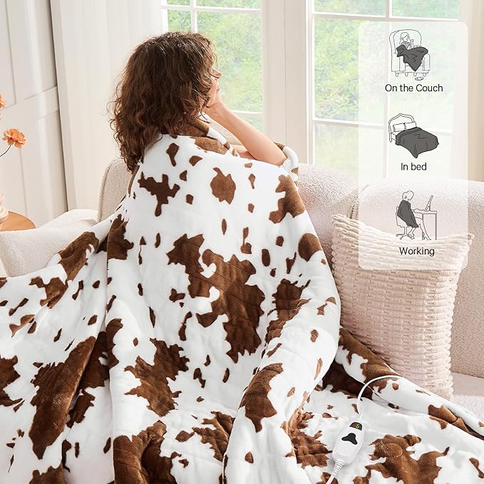 Cow Print Electric Heated Blanket Queen Size,84X90 Brown Heating Blanket Queen With Dual Control&Timer&10 Heat Levels,Highland Cow Decor Fleece Sherpa Blankets Warmer Gifts for Bed Women Adults,ETL