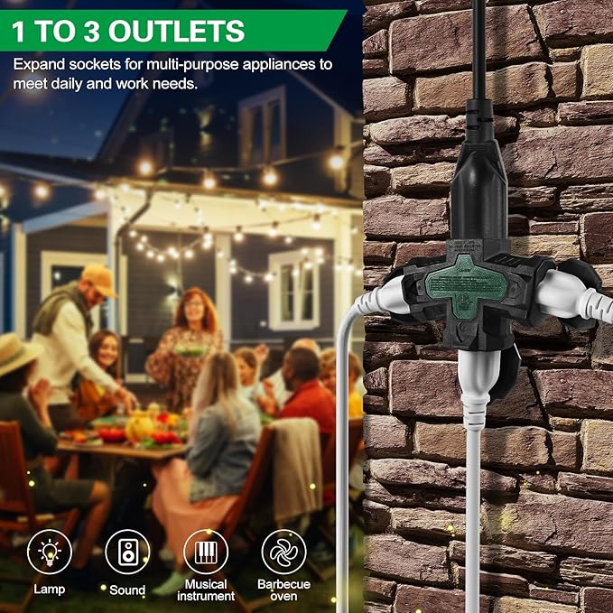 3 Outlet Indoor Outdoor Wall Adapter, ETL Listed 3-Prong Grounded Outlet Splitter, Weatherproof Heavy Duty Multi Outlet Power Plug Extender with Protective Cover, Black (Green, 2 Pack)