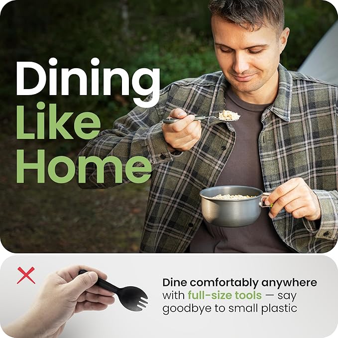 Orblue 4-in-1 Camping Eating Utensils, 2-Pack - Portable Spoon, Fork, Knife & Bottle Opener Combo Set - Stainless Steel Flatware with Detachable Fork - Backpacking Cutlery Multitool, Olive Green