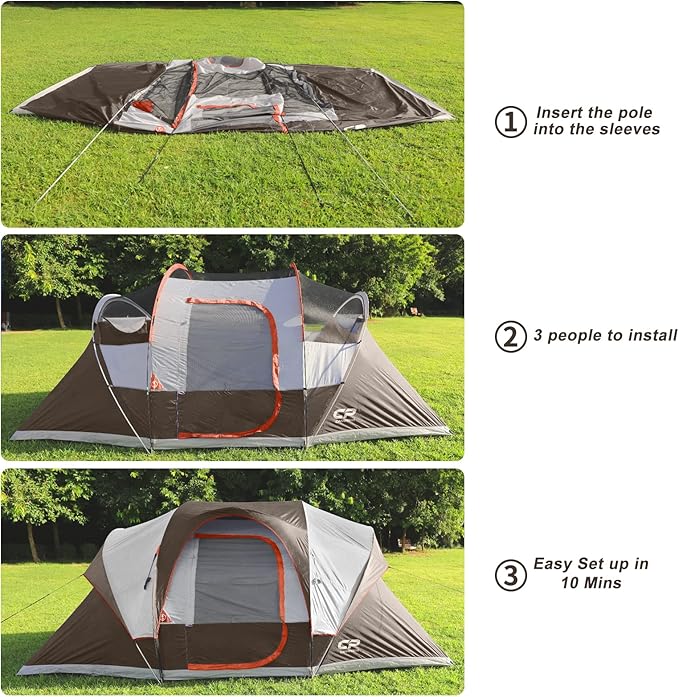 CAMPROS CP Camping Tent 10 Person Family Cabin Tent, 2 Room Water Resistant Waterproof Tent with Top Rainfly, 4 Large Mesh Windows, Double Layer, Easy Set Up, Portable with Carry Bag, 16ft x 9ft x72in