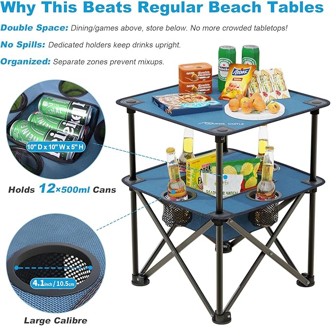 Folding Camping Table, Portable Outdoor Picnic Table, Lightweight Square Camp Table with Built-in 4 Cup Holders Food Basket and Travel Bag for Barbeque Beach Camping and Tailgate Blue