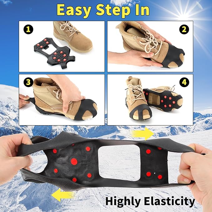 Non-Slip Ice Cleats Snow Grips, Strong Traction Crampons 11 Steel Studs, for Shoes and Boots, Snow Ice Walking
