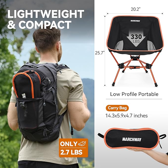 MARCHWAY Lightweight Folding Camping Chair with Spring Lock, Stable Compact Portable for Outdoor Camp, Travel, Beach, Picnic, Festival, Hiking, Backpacking (Lowback Orange)