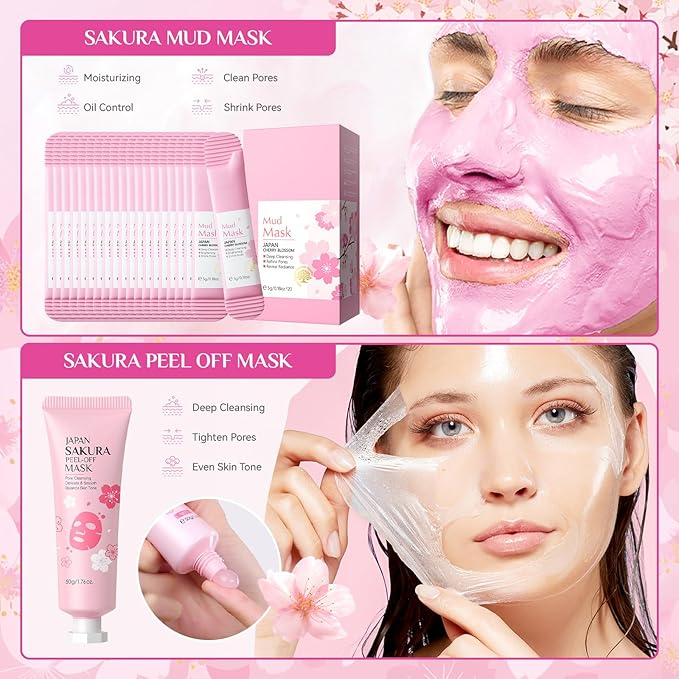 29Pcs Sakura Skincare Set, Skincare for Girls 10-12, Complete Skincare Routine for Clean, Soft and Hydrated Skin, Perfect Easter Basket Stuffers for Teen Girls
