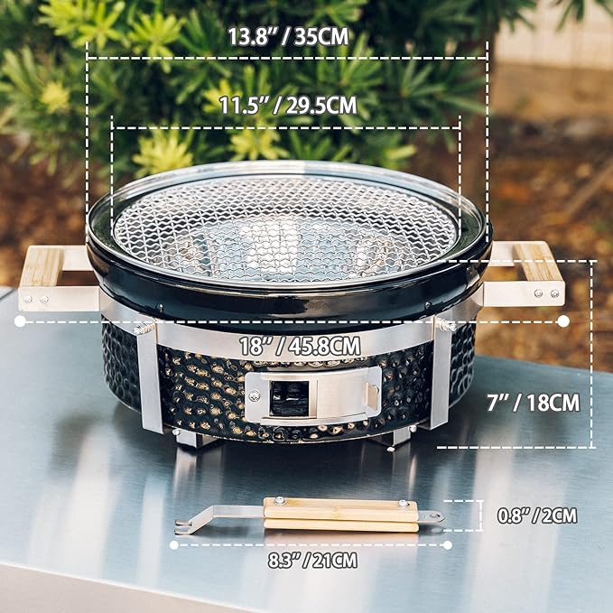 Onlyfire Ceramic Hibachi Charcoal Grill with Grid Lifter, 14" Portable BBQ Yakitori Grill with Stainless Steel Grate for Outdoor Patio Backyard Barbecue Cooking, GS305